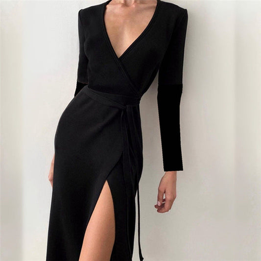 Sexy Black Split Front Long Sleeve Dresses-Dresses-Black-S-Free Shipping Leatheretro