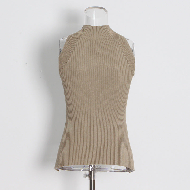 Designed High Neck Irregular Women Knitted Tank Tops-vest-White-S-Free Shipping Leatheretro