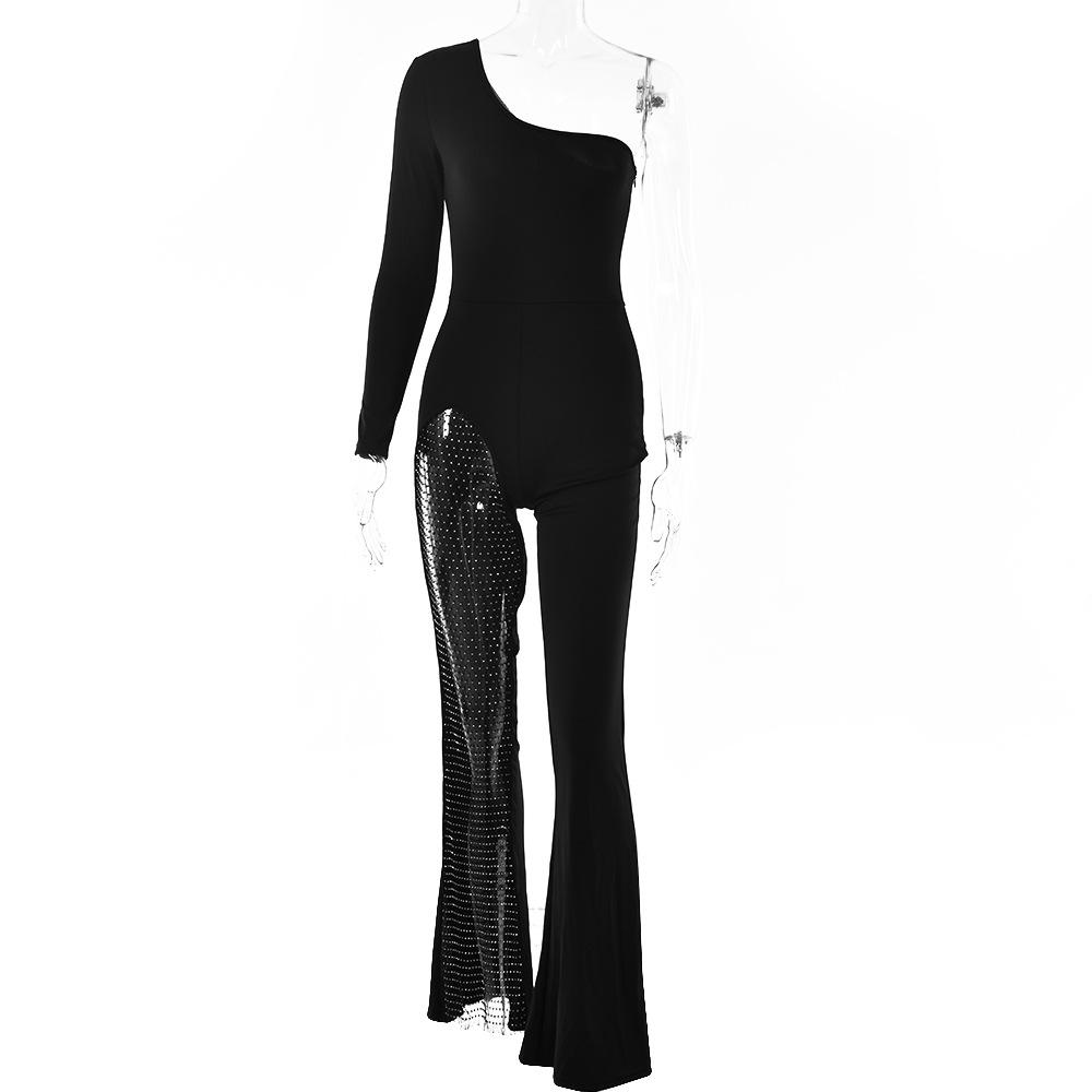 Sexy One Shoulder Tulle Diamond Jumpsuits for Women-Jumpsuits & Rompers-Black-S-Free Shipping Leatheretro