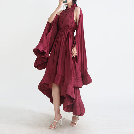 Designed V Neck Ruffled Long Sleeves Cloak Dresses-Dresses-Wine Red-S-Free Shipping Leatheretro
