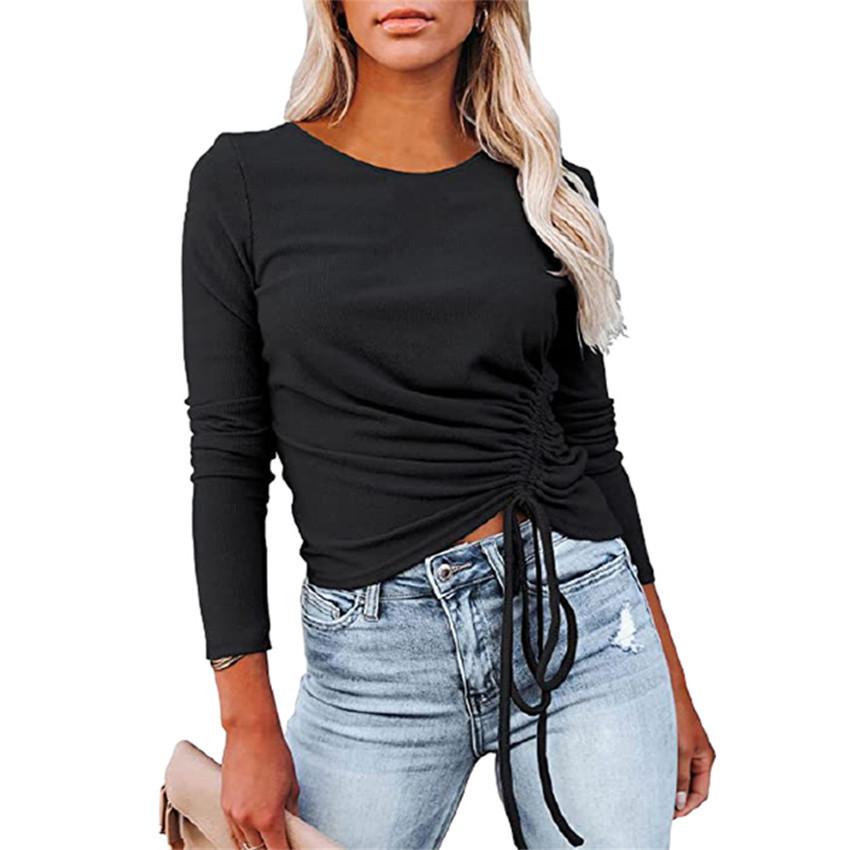 Women Sexy Round Neck Drawstring Long Sleeves T Shirts-Shirts & Tops-Black-S-Free Shipping Leatheretro