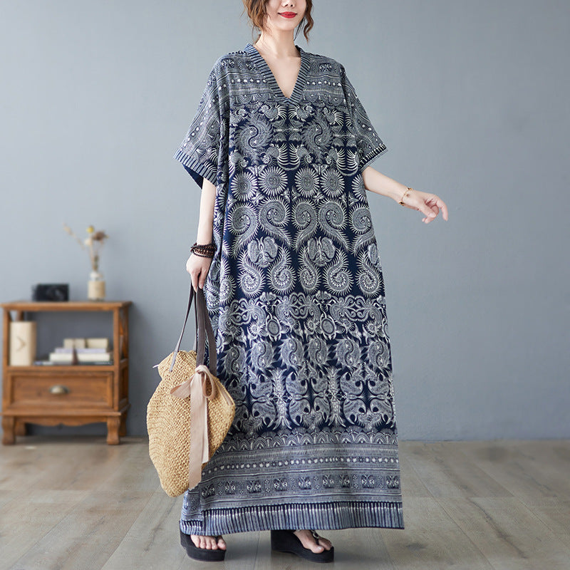 Vintage Linen Summer Holiday Long Cozy Dresses-Dresses-Blue-One Size-Free Shipping Leatheretro