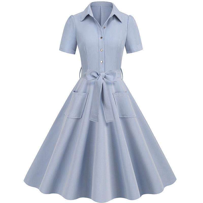 Elegant Short Sleeves Ball Dresses with Belt-Dresses-Light Blue-S-Free Shipping Leatheretro