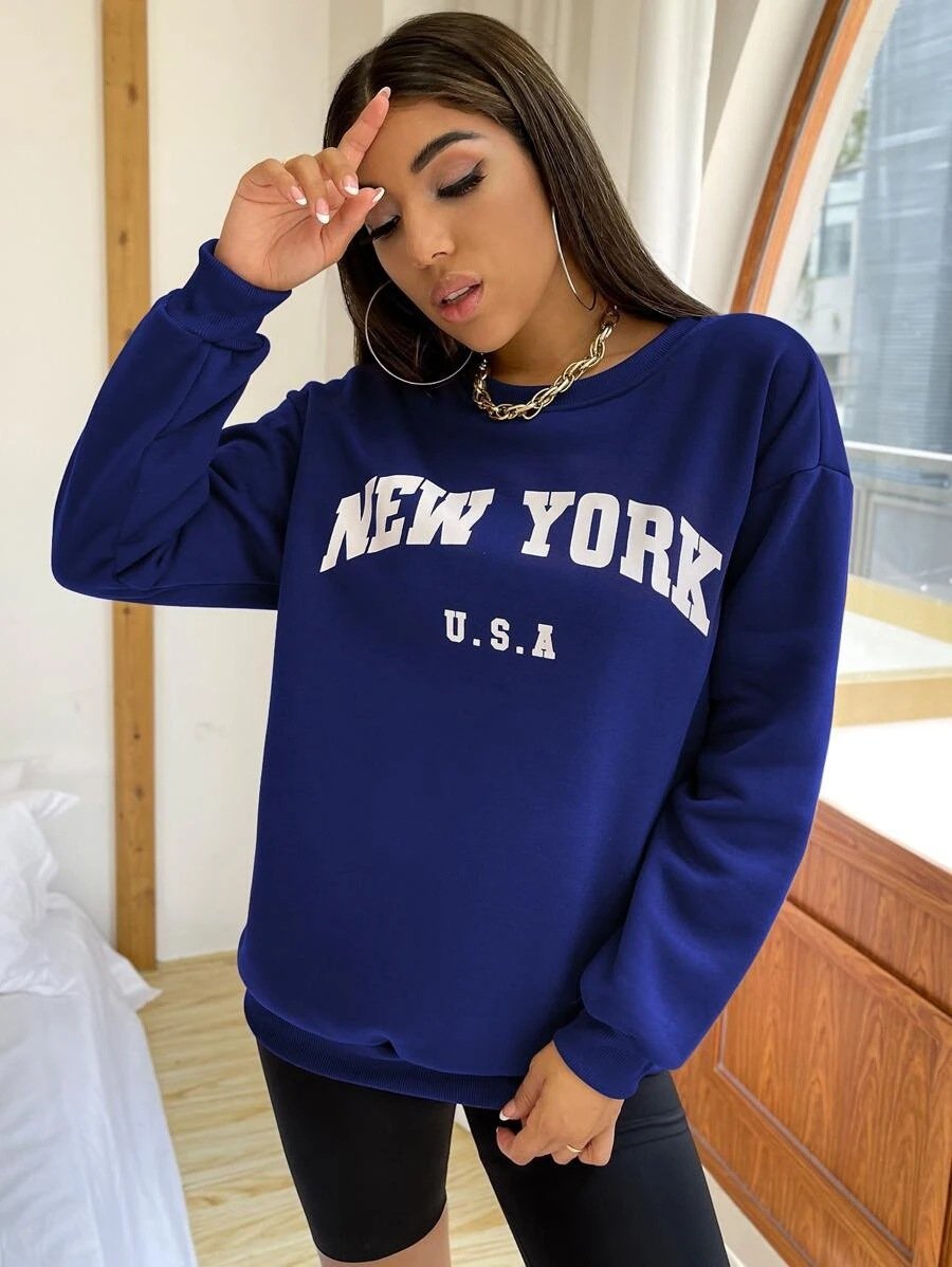 Leisure Women Letter Print Fall Hoodies-Shirts & Tops-Dark Bkue-S-Free Shipping Leatheretro