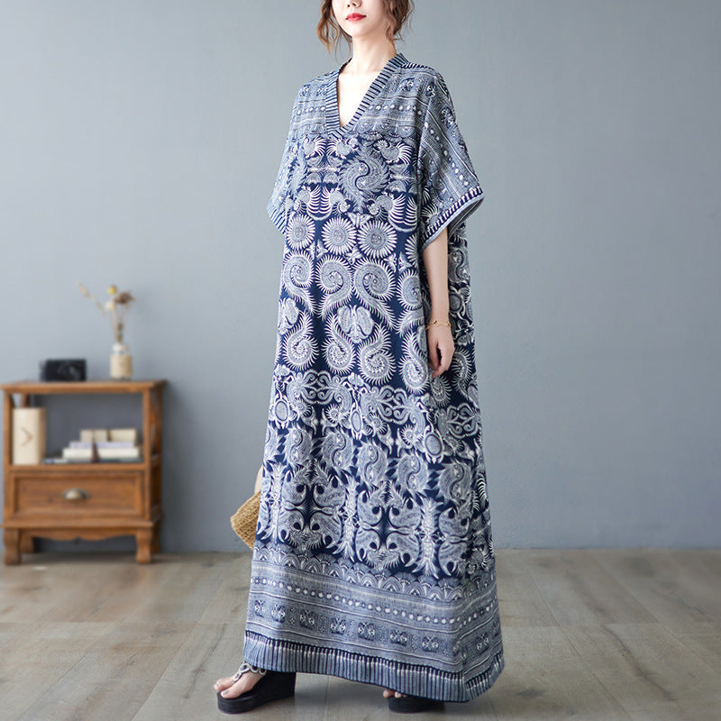 Vintage Linen Summer Holiday Long Cozy Dresses-Dresses-Blue-One Size-Free Shipping Leatheretro