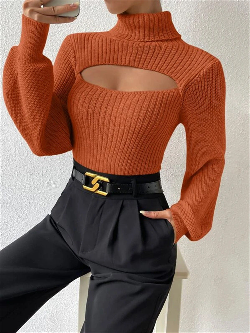 Sexy High Neck Knitted Sweaters-Shirts & Tops-Orange-S-Free Shipping Leatheretro