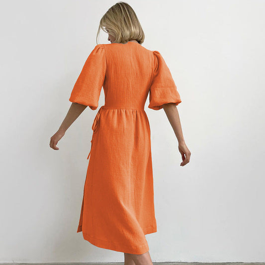 Elegant Cotton Summer Short Sleeves Midi Dresses-Dresses-Orange-S-Free Shipping Leatheretro