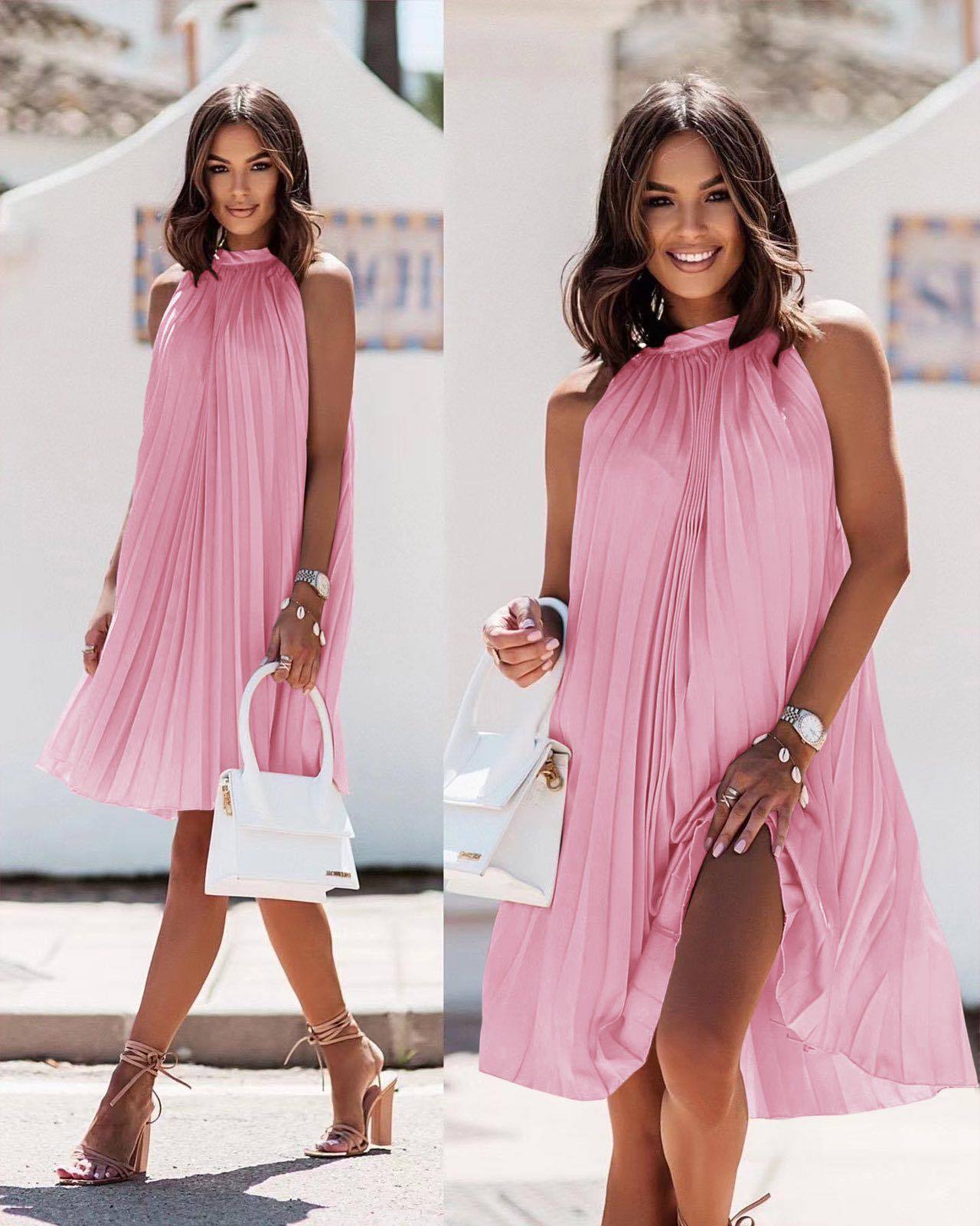 Summer Stain Sleeveless Sun Dresses-Dresses-Pink-One Size-Free Shipping Leatheretro