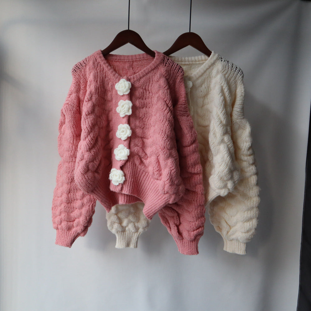 Warm Flowers Design Women Knitted Cardigans-Shirts & Tops-Pink-One Size-Free Shipping Leatheretro