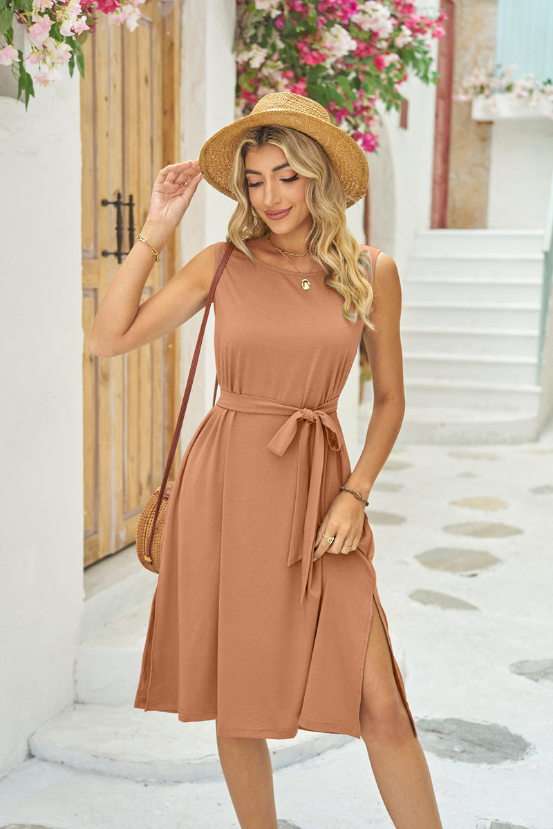 Sexy Summer Split Front Sleeveless Midi Dresses-Dresses-Khaki-S-Free Shipping Leatheretro