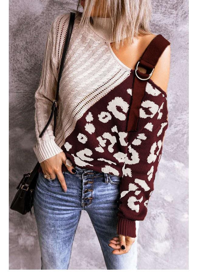 New Leopard High Neck Women Fall Sweaters-Sweater&Hoodies-Wine Red-S-Free Shipping Leatheretro