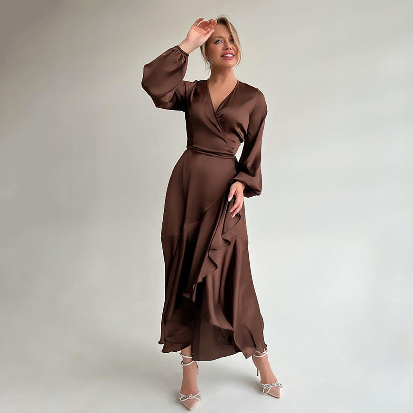 Elegant High Waist Long Sleeves Dresses-Dresses-Brown-S-Free Shipping Leatheretro