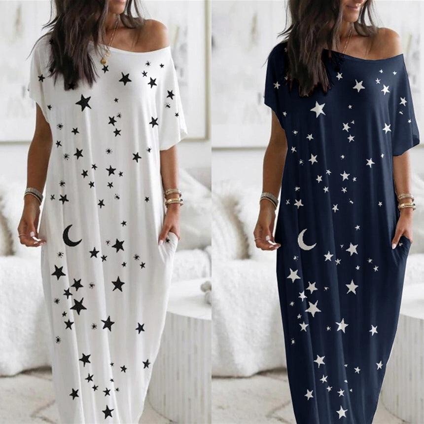 Casual Star & Moon Design Long Maxi Dresses-Dresses-Light Gray-S-Free Shipping Leatheretro