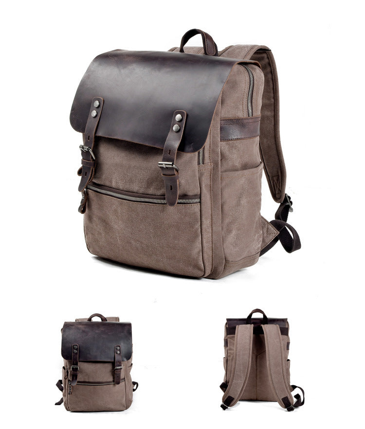 Vintage Cusual Traveling Leather Canvas Laptop Backpack 5073-Backpacks-Coffee-Free Shipping Leatheretro