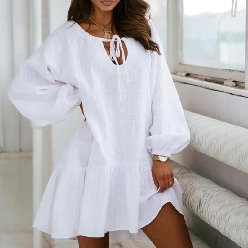 Women Lace Up Linen Long Sleeves Short Dresses-Casual Dresses-White-S-Free Shipping Leatheretro