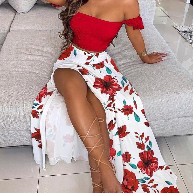 Sexy Off The Shoulder Split Front Two Pieces Dresses-Sexy Dresses-Red-S-Free Shipping Leatheretro