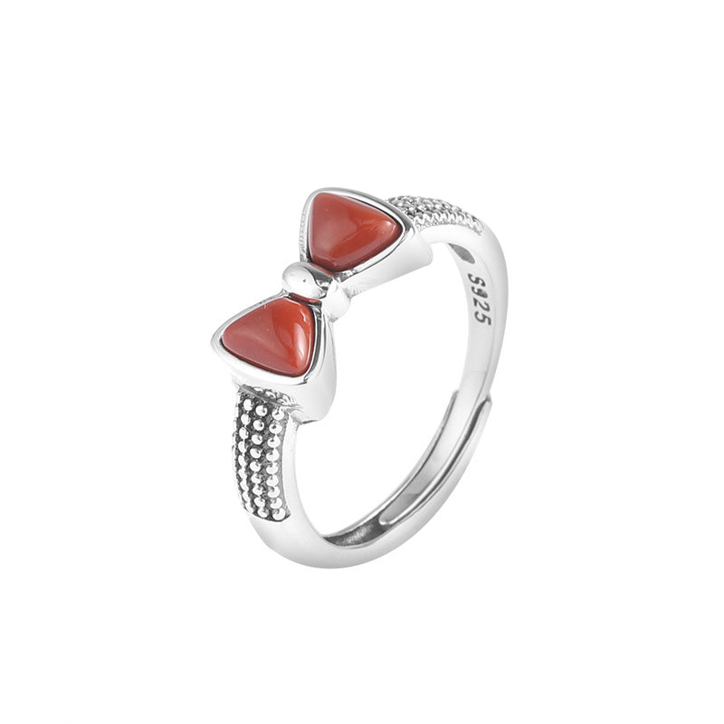 Bow Design Red Agate Sterling Silver Vintage Rings-Rings-Red-Adjustable-Free Shipping Leatheretro