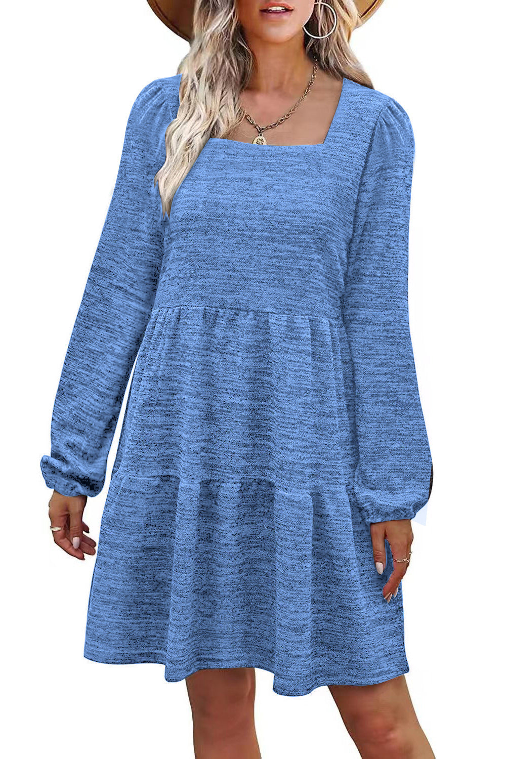 Fashion Square Neckline Fall Mini Dresses-Dresses-Lake Blue-S-Free Shipping Leatheretro