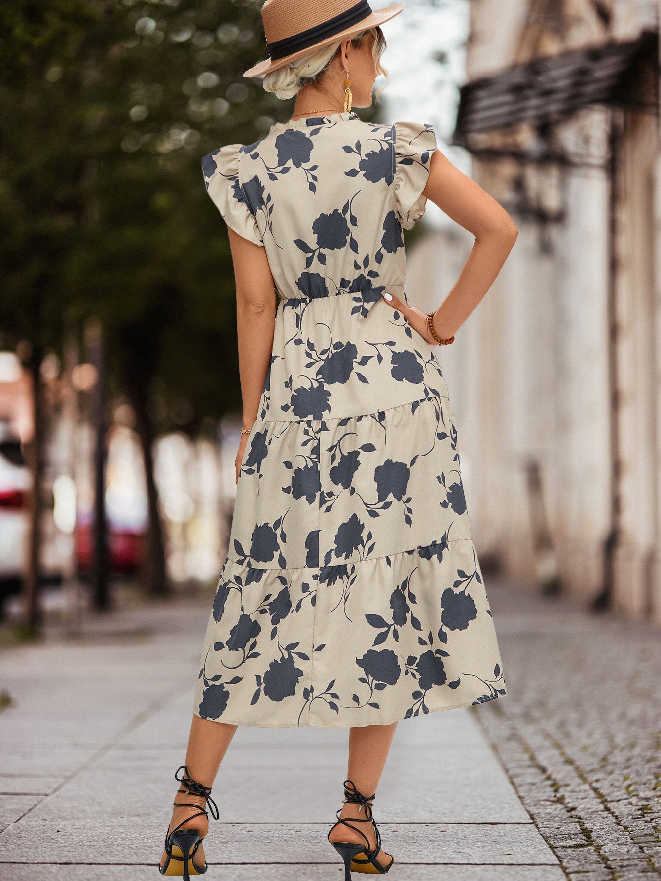 Casual V Neck Floral Print Women Dresses-Dresses-Apricot-S-Free Shipping Leatheretro