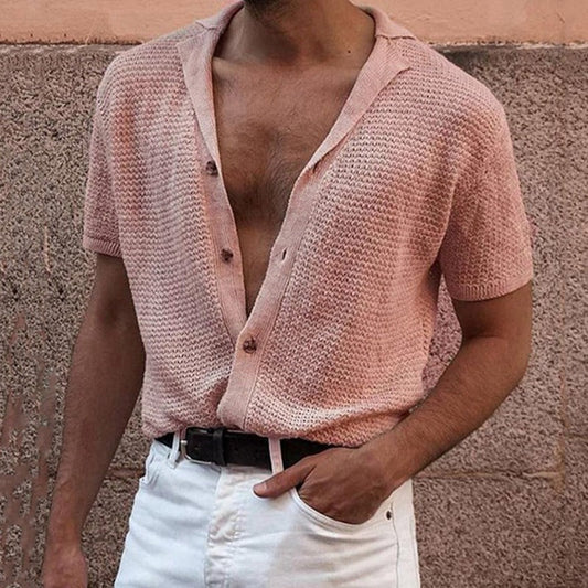 Summer Knitting T Shirts for Men-Shirts & Tops-Pink-M-Free Shipping Leatheretro