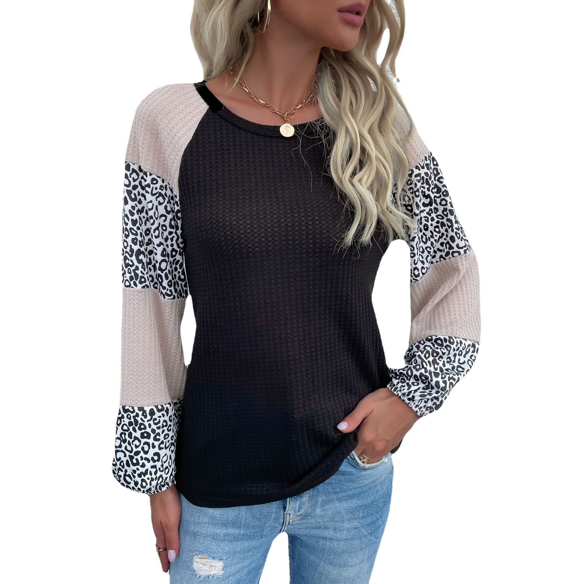 Casual Round Neck Leopard Knitting Sweaters-Shirts & Tops-Black-S-Free Shipping Leatheretro