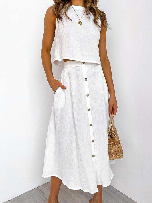 Casual Summer Women Tank Top and Skirts Suits-Dresses-White-S-Free Shipping Leatheretro