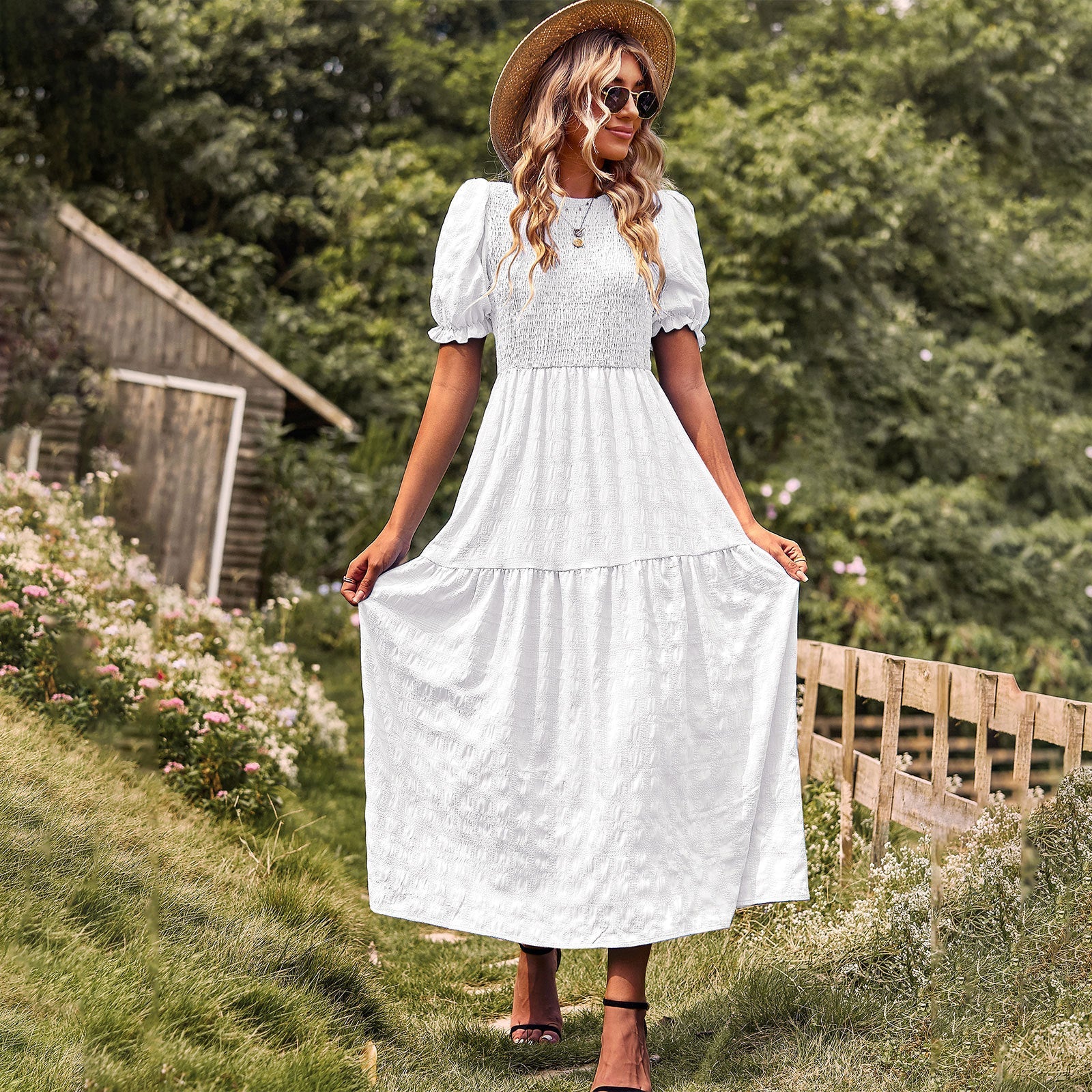 Casual Short Sleeves A Line Midi Dresses-Dresses-White-S-Free Shipping Leatheretro