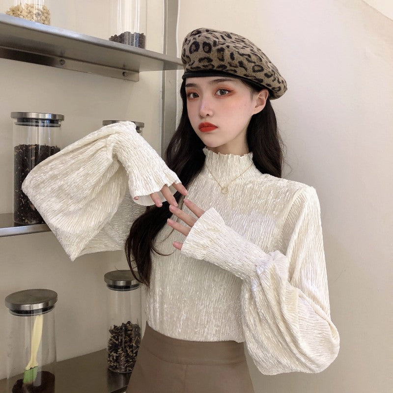 Fashion High Neck Long Sleeves Shirts Blouses-Shirts & Tops-White-One Size-Free Shipping Leatheretro