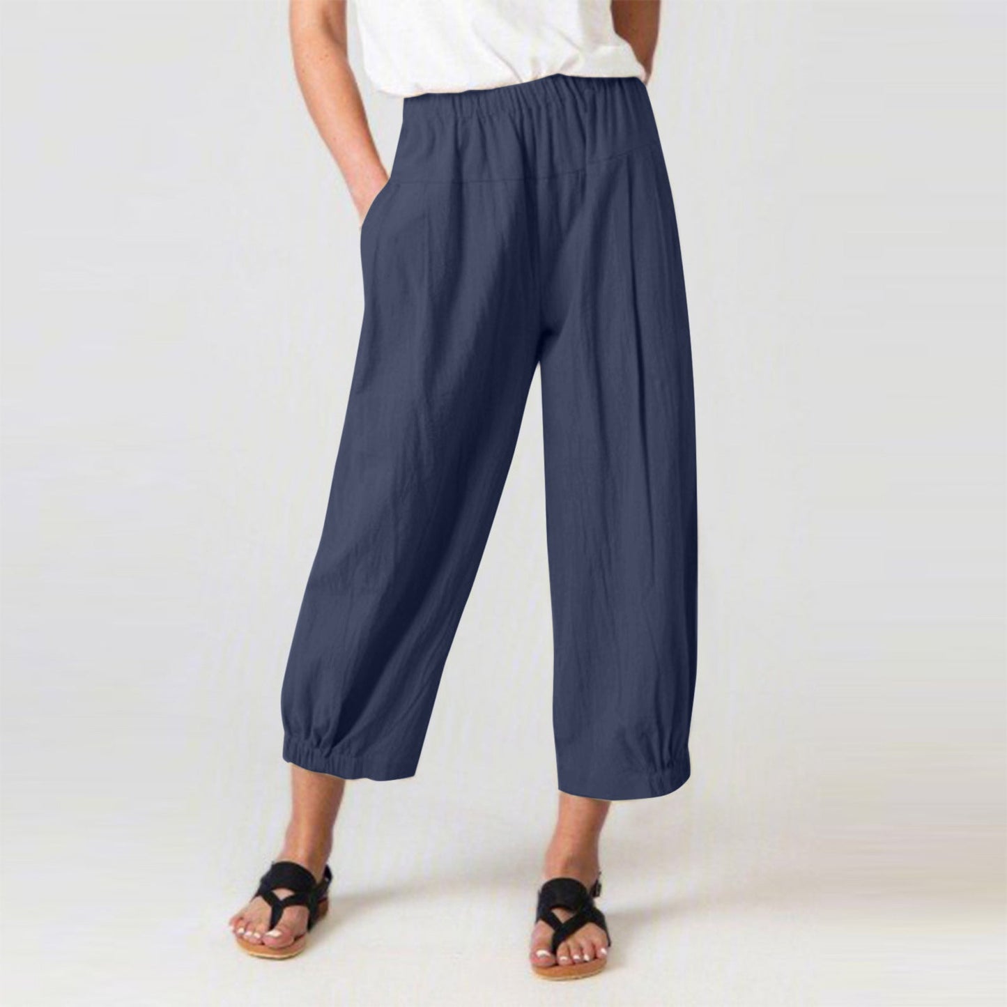 Loose High Waist Cropped Wide Legs Pants-Pants-Navy Blue-S-Free Shipping Leatheretro