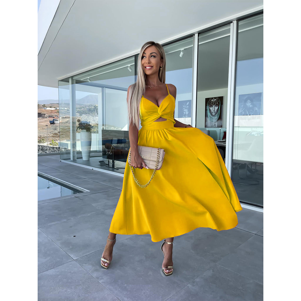 Elegant Midriff Baring Summer Dresses-Dresses-Yellow-S-Free Shipping Leatheretro