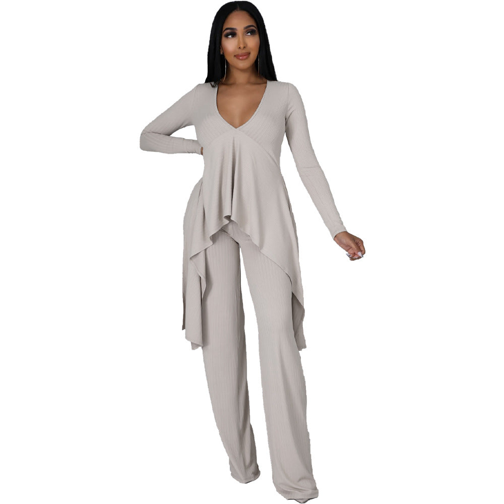 Sexy Long Sleeves Irregular Tops and Pants Set for Women-Suits-Apricot-S-Free Shipping Leatheretro