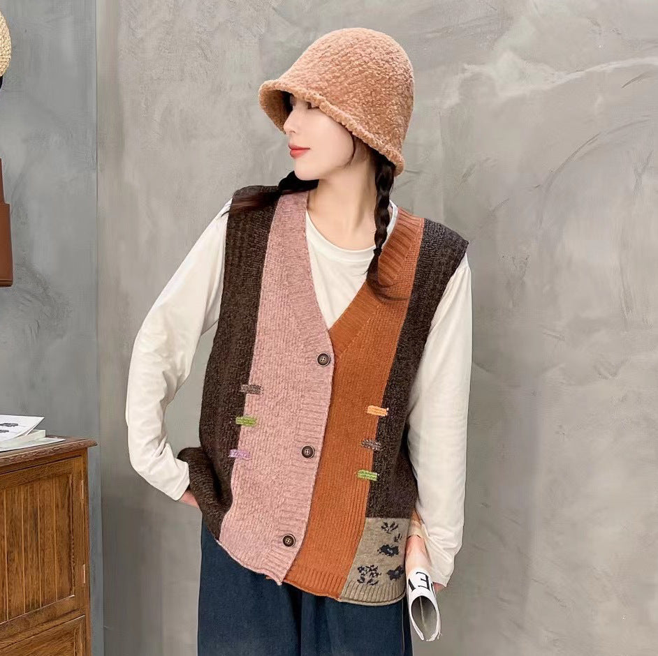 Designed Vintage V Neck Wool Knitted Vest Tops-Coats & Jackets-Coffee-One Size-Free Shipping Leatheretro