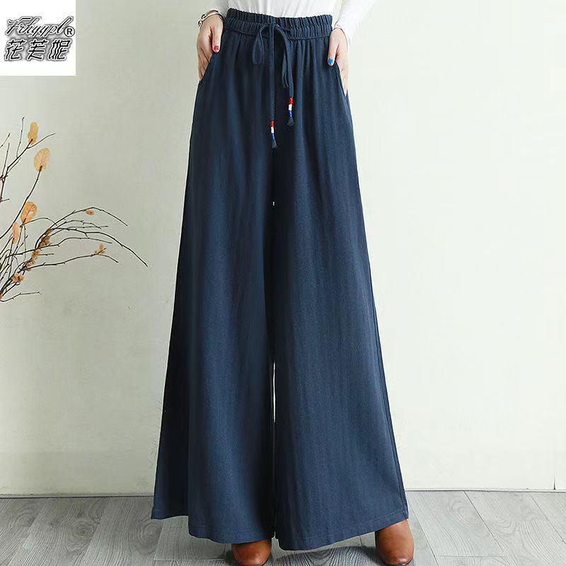 Women Linen Drawstring Summer Casual Pants-Women Bottoms-Navy Blue-M-Free Shipping Leatheretro