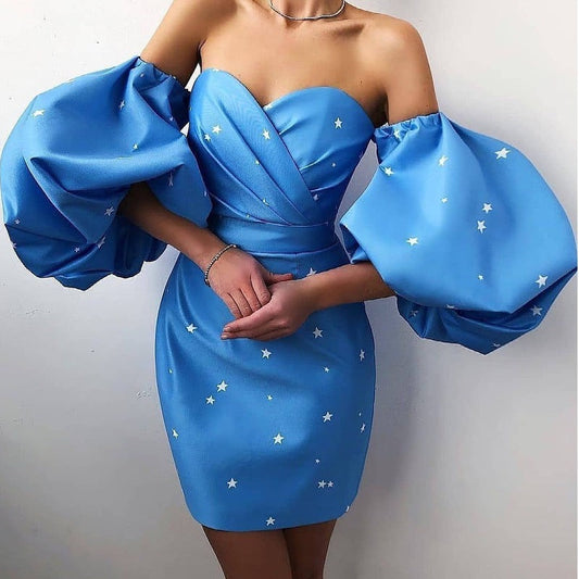 Sexy Strapless High Waist Five Star Print Dresses-Dresses-Sky Blue-S-Free Shipping Leatheretro