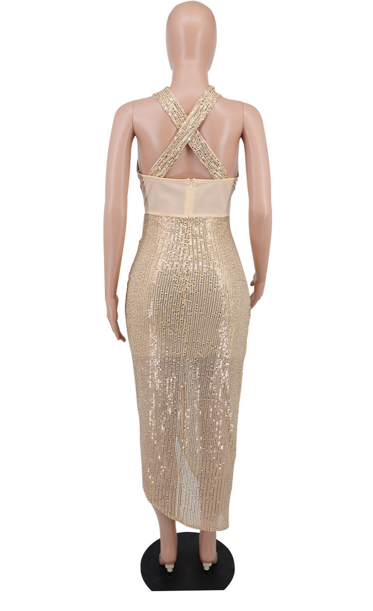 Sexy Sequined Halter Split Front Women Party Dresses-Dresses-Ivory-S-Free Shipping Leatheretro