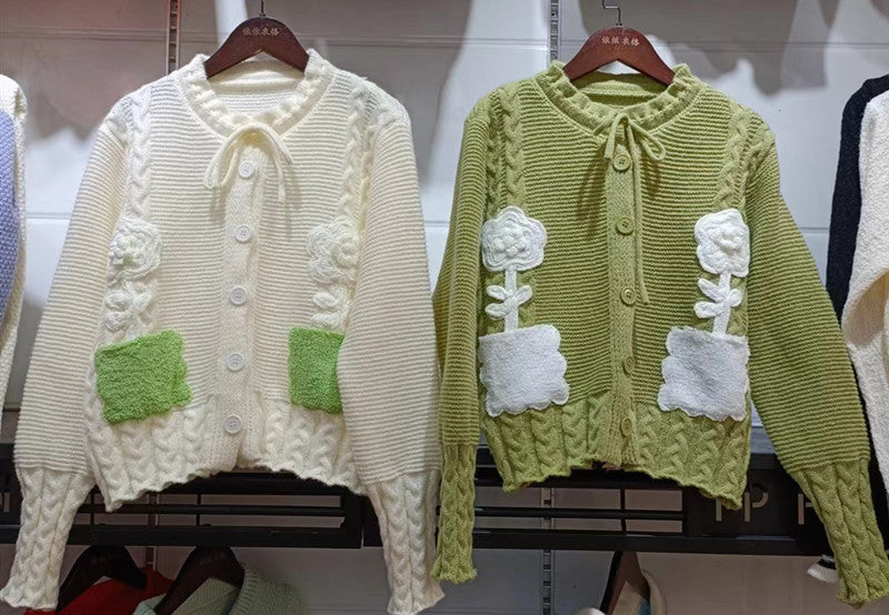 Lovely 3d Floral Design Knitted Cardigan Sweaters-Shirts & Tops-White-One Size-Free Shipping Leatheretro
