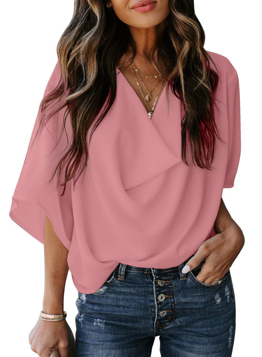 Summer Women Chiffon Leisure Blouses Shirts-Shirts & Tops-Pink-S-Free Shipping Leatheretro