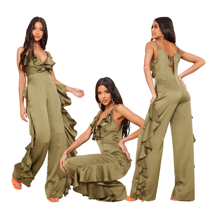 Sexy Satin Ruffled Summer Jumpsuits-Jumpsuits & Rompers-Green-S-Free Shipping Leatheretro