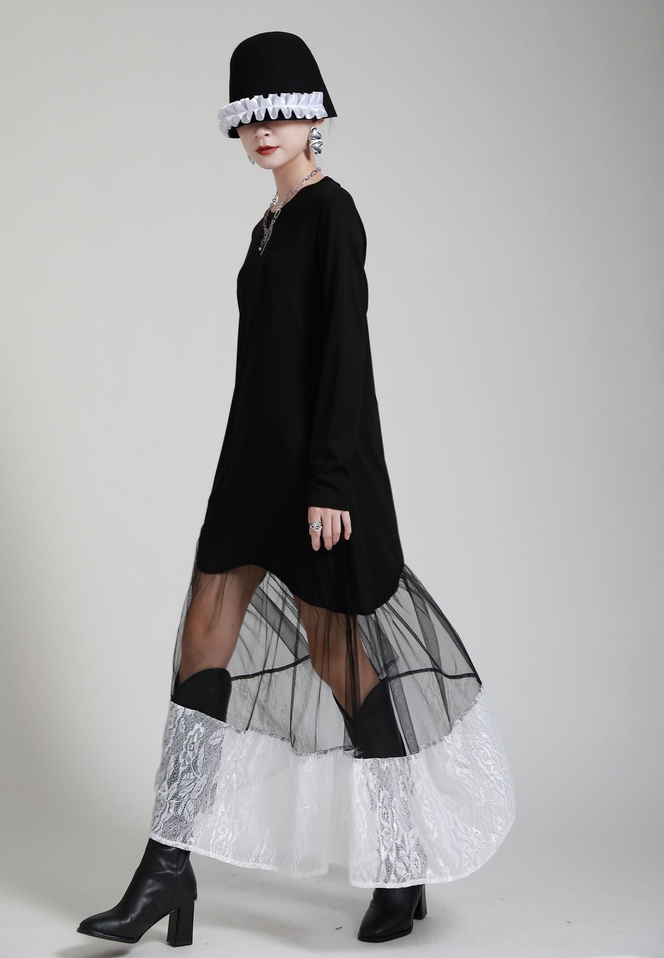 Black Women Irregular Lace Net Fall Long Dresses-Maxi Dresses-Black-S-Free Shipping Leatheretro