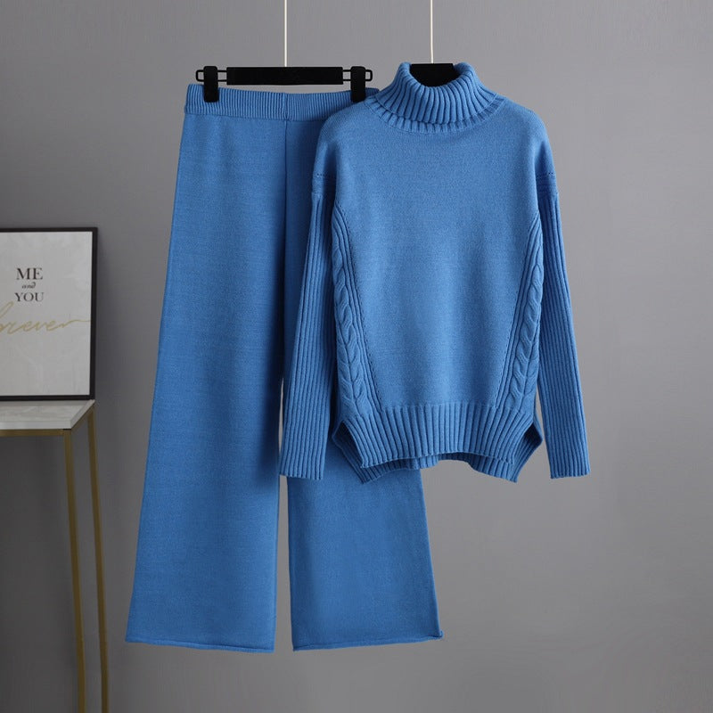 Casual Women Winter Turtleneck Sweaters and Pants Sets-Suits-Blue-One Size-Free Shipping Leatheretro