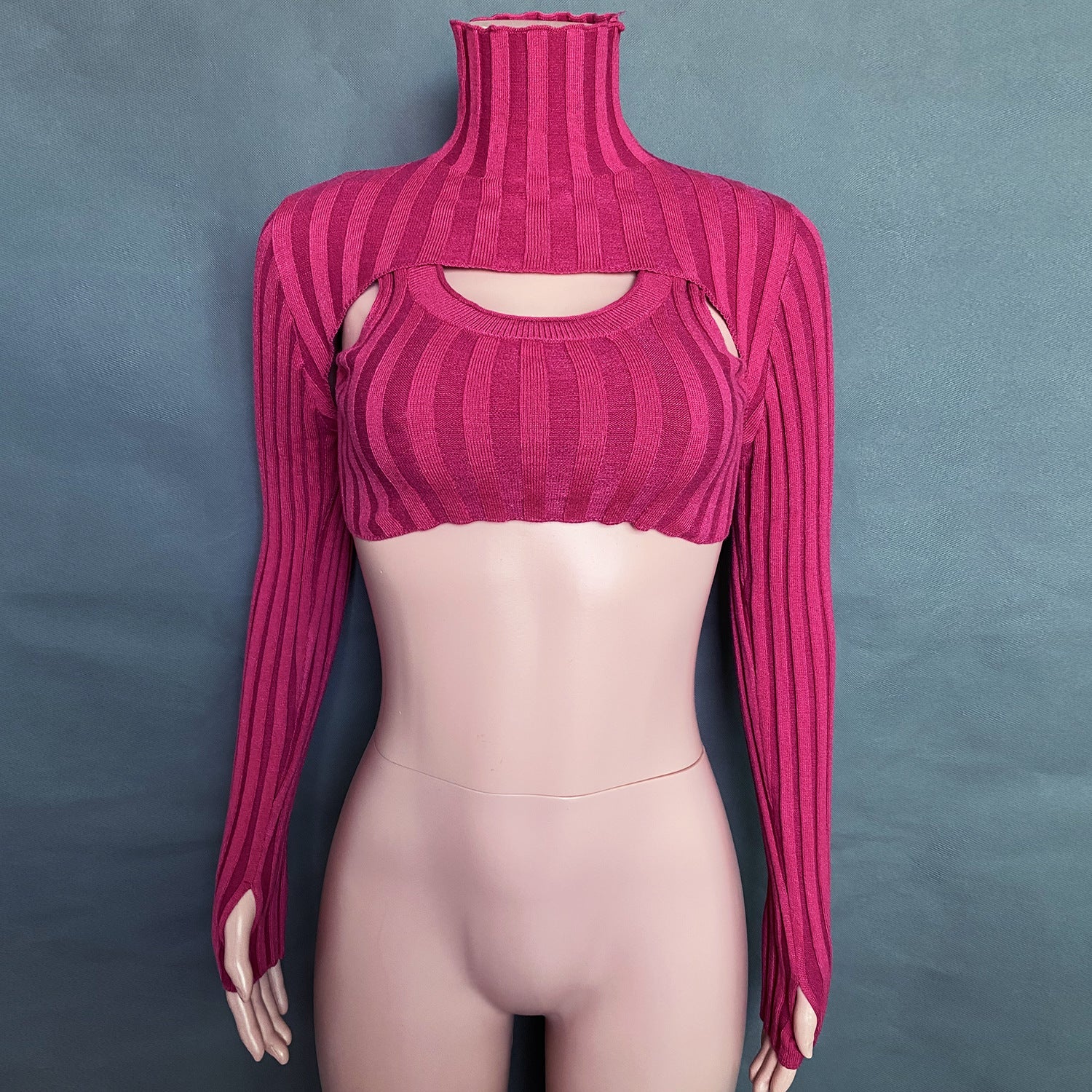 Sexy High Neck Knitting Women Short Tops Suits-Shirts & Tops-Rose Red-S-Free Shipping Leatheretro