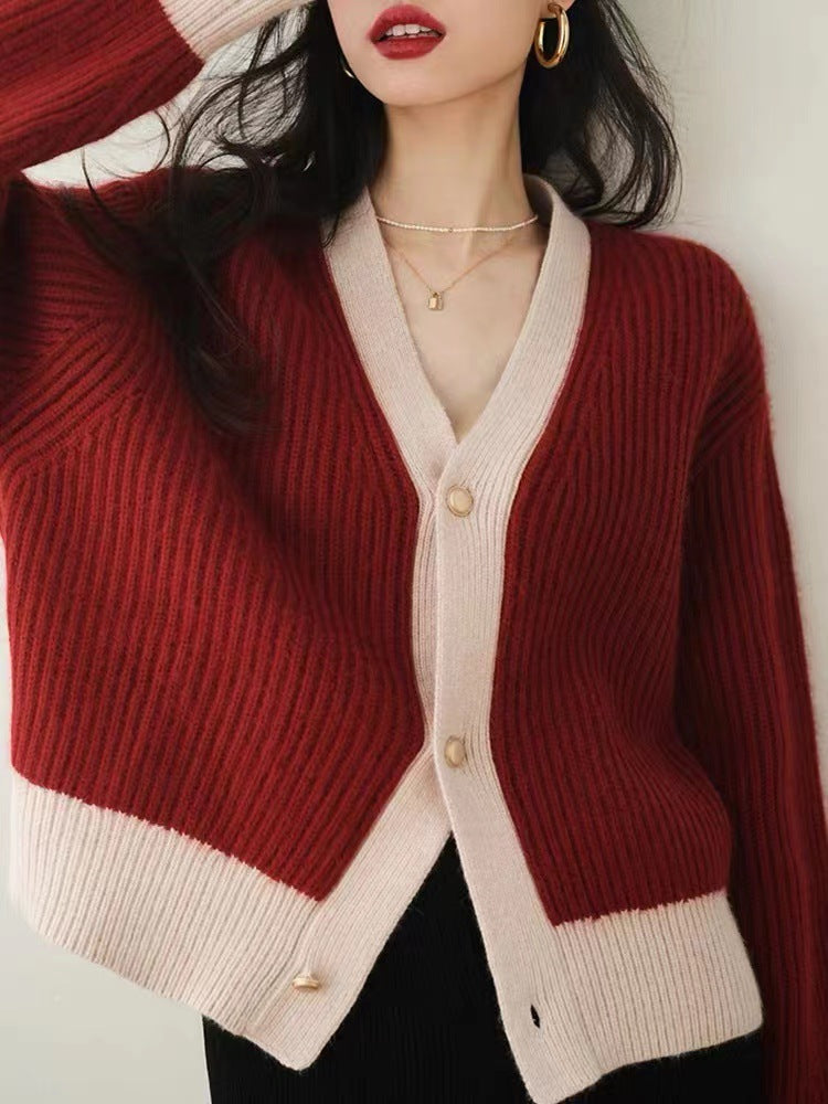 Fashion V Neck Lazy Style Knitted Cardigan Sweaters-Shirts & Tops-Wine Red-One size-Free Shipping Leatheretro