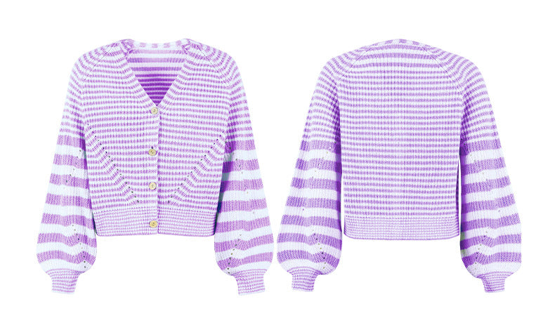 Casual Fall Knitted Striped Cardigan Coats for Women-Shirts & Tops-Purple-S-Free Shipping Leatheretro