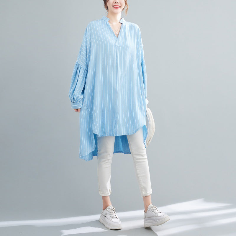 Designed Striped Long Shirts Dresses for Women-Dresses-Sky Blue-One Size-Free Shipping Leatheretro