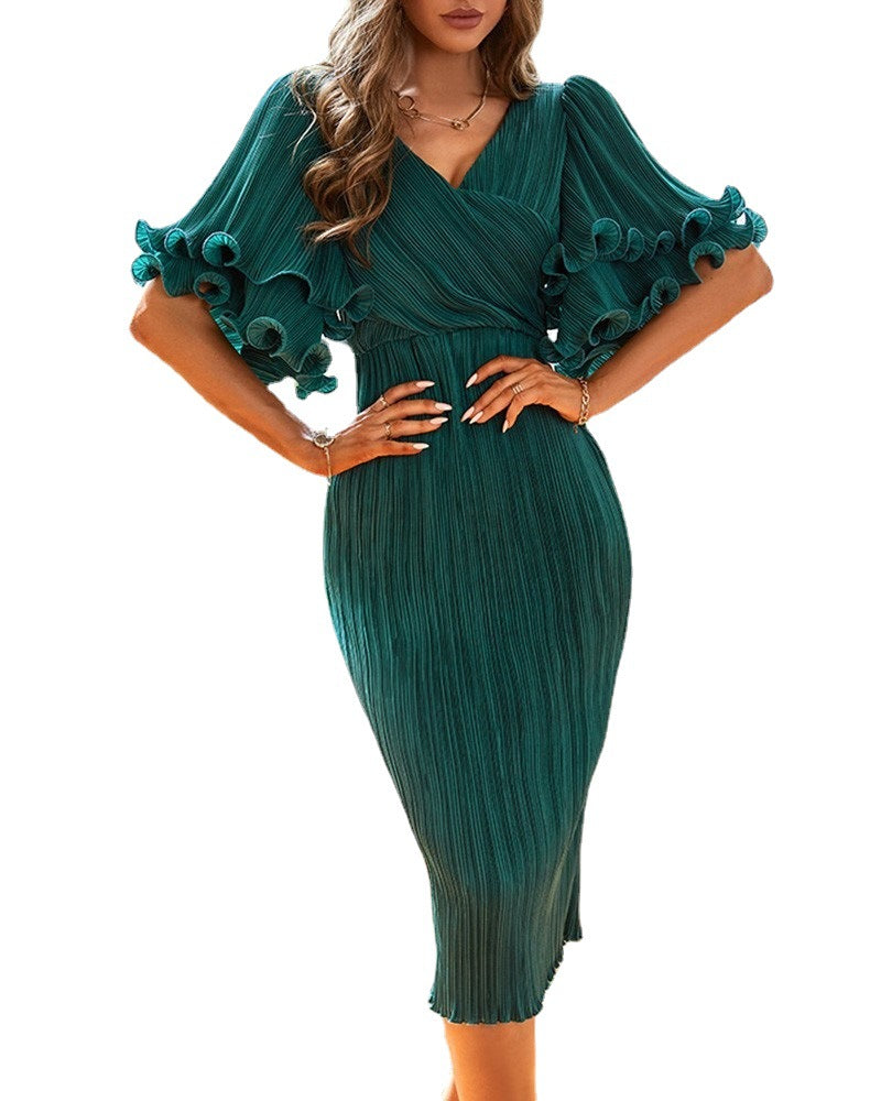 Designed Trumpet Sleeves Green Midi Length Party Dresses-Dresses-Green-S-Free Shipping Leatheretro