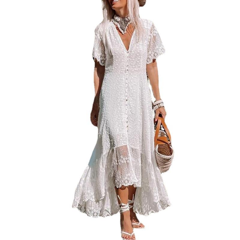 White V Neck Short Sleeves Dresses-Maxi Dresses-White-S-Free Shipping Leatheretro