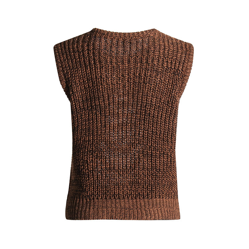 Vintage Brown Knitted Tank Top Vest for Women-Shirts & Tops-Brown-S-Free Shipping Leatheretro