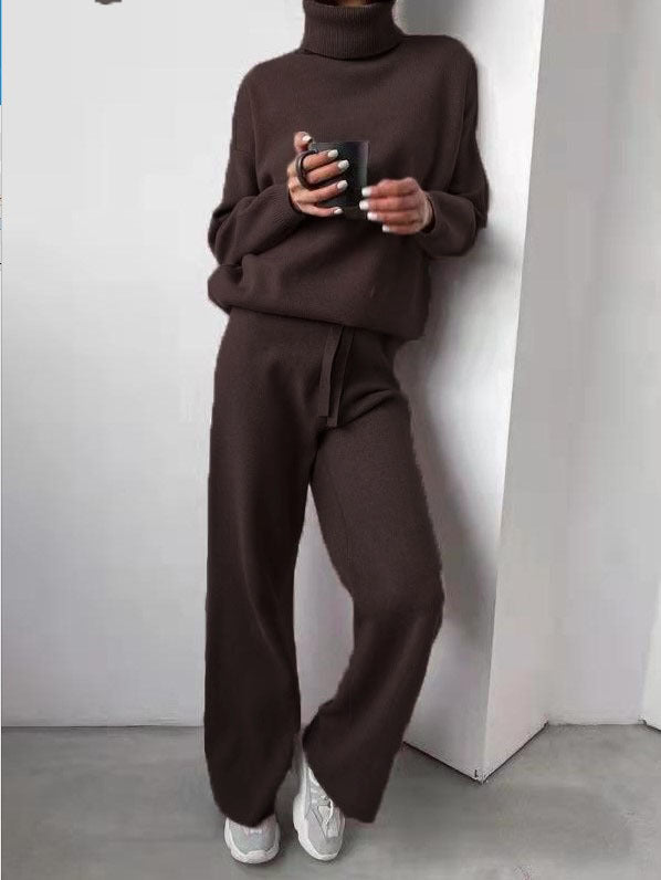 Casual High Neck Two Pieces Knitted Tops & Wide Legs Pants-Suits-Coffee-S-Free Shipping Leatheretro