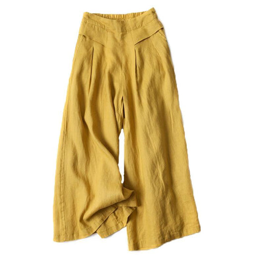 Loose High Waist Linen Pants-Women Bottoms-Yelllow-M-Free Shipping Leatheretro