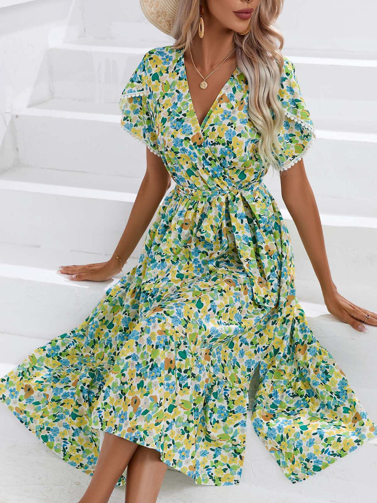 Leisure Summer V Neck Women Midi Dresses-Dresses-Green-S-Free Shipping Leatheretro